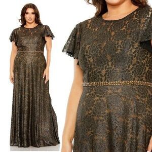 Mac Duggal 49496 Black Gold Lace Butterfly Sleeve Belted Gown NWT BLACK